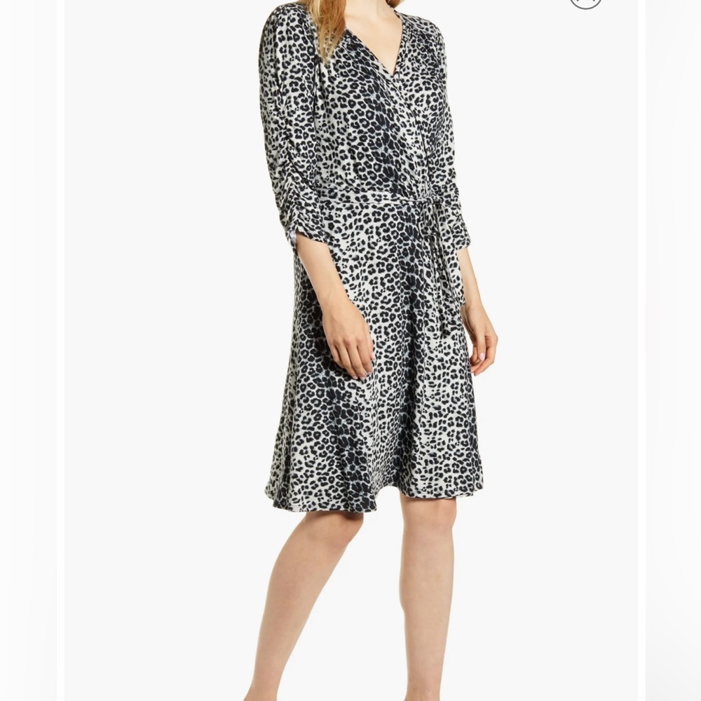Loveappella Leopard Print Wrap Front Dress in Black Grey Leopard